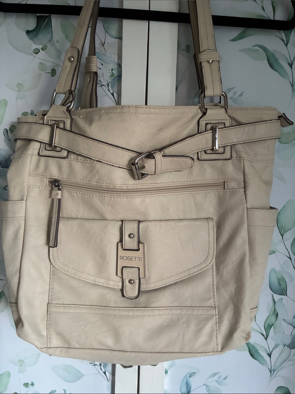 Rosetti Cream Shoulder Tote with Front Pocket and Buckle Detail